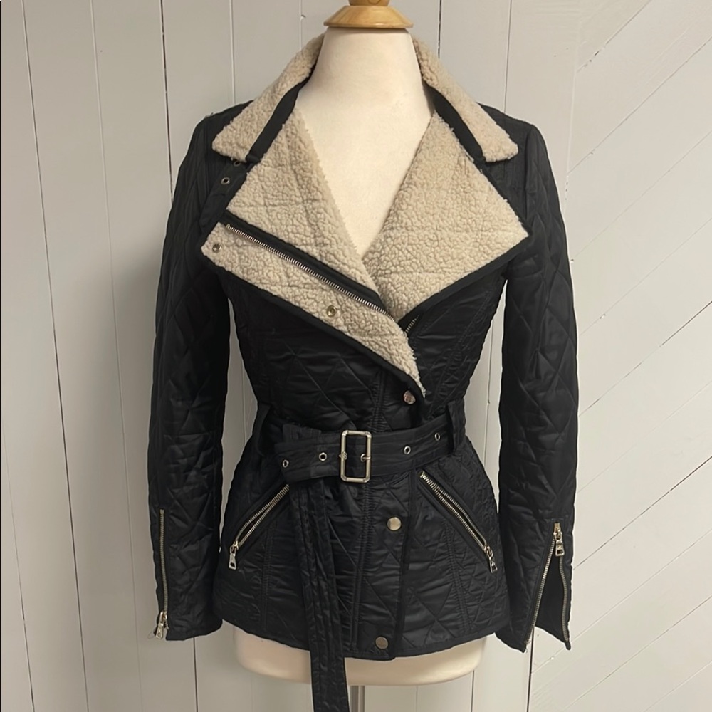 Sam Edelman Black Rylie Moto Quilted Sherpa Jacket Winter Coat Women's S (NWOT)